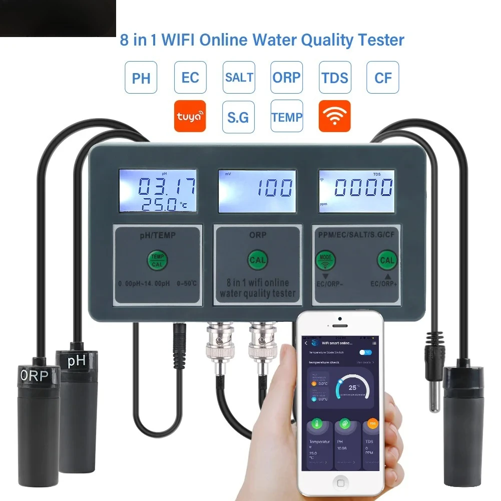 

WiFi Tuya Smart PH-метр Регистратор данных Температура TDS Соленость S.G. EC ORP Тестер воды Монитор Анализатор для аквариумов Бассейн Гидропоника