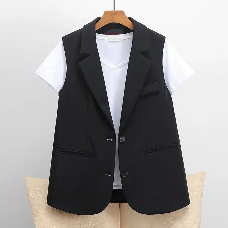 Black Vest Jacket Women's 2025 Spring Autumn New Fashion Korean version Suit Sleeveless Coat Female Versatile Waistcoat Tops