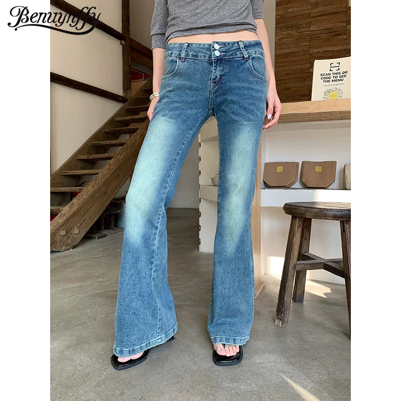 

Benuynffy Fashion Korean Vintage Low Rise Jeans for Women 2026 Spring Summer New 2000s Streetwear Washed Flared Pants Woman