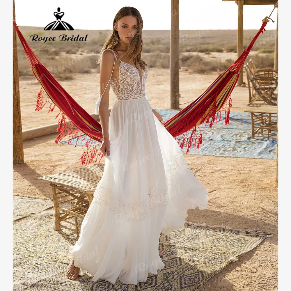 Sexy Diepe V-hals Kant Bohemian Boho Spaghettibandjes Trouwjurk voor Vrouwen 2025, Bruidsjurk Aangepaste vestido casamento civil