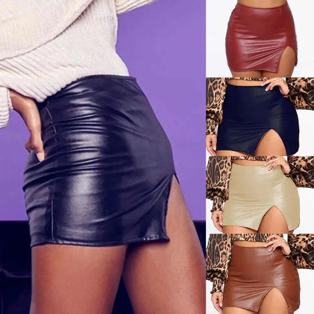 Stylish Short Skirt Faux Leather Women Skirt Slim Side Split Hem Short Skirt  Unique