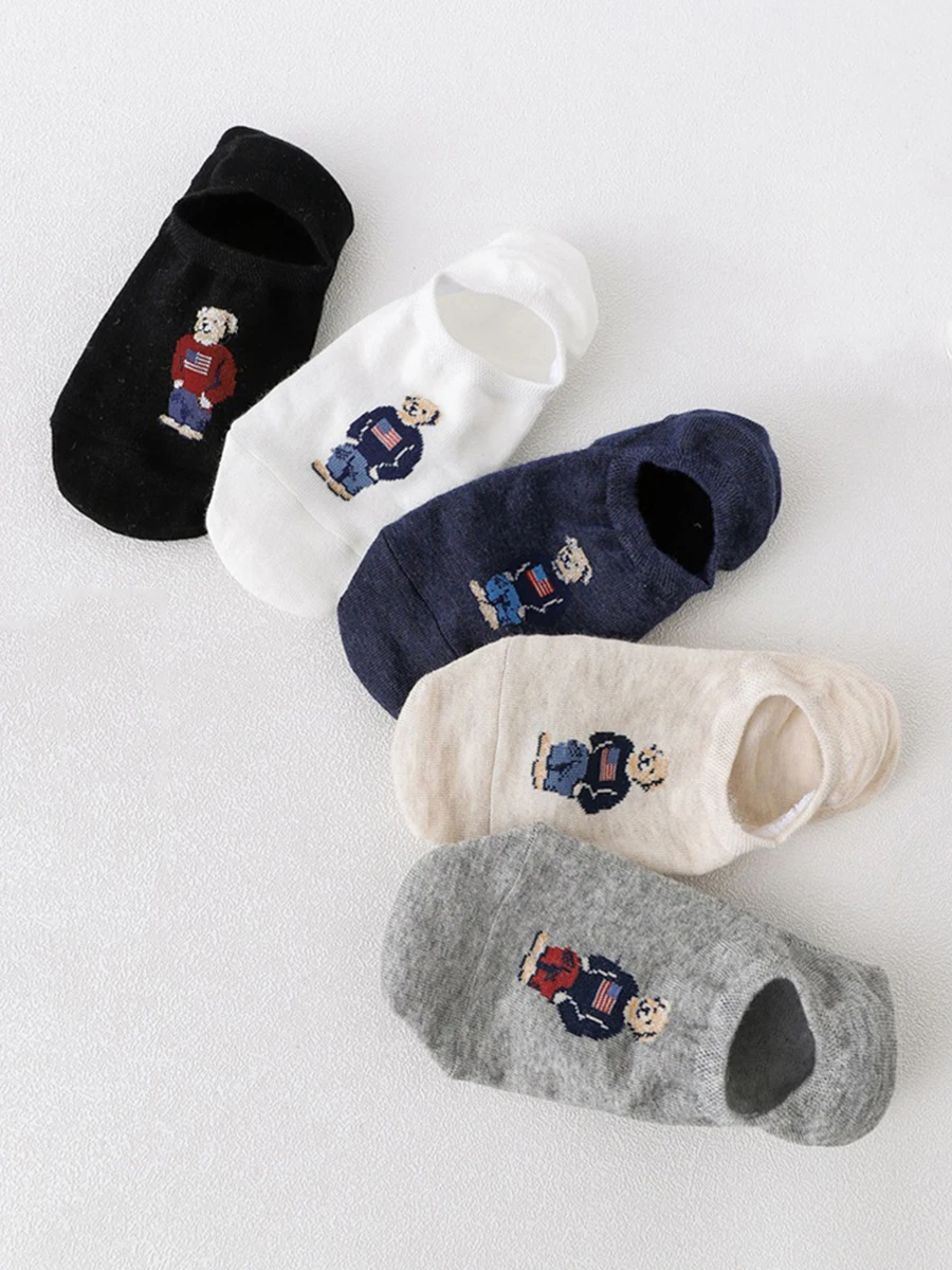5 Pairs Of Spring And Summer Men's And Women's Fashionable Shallow Mouth Anti Slip  Teddy Bear Short Socks