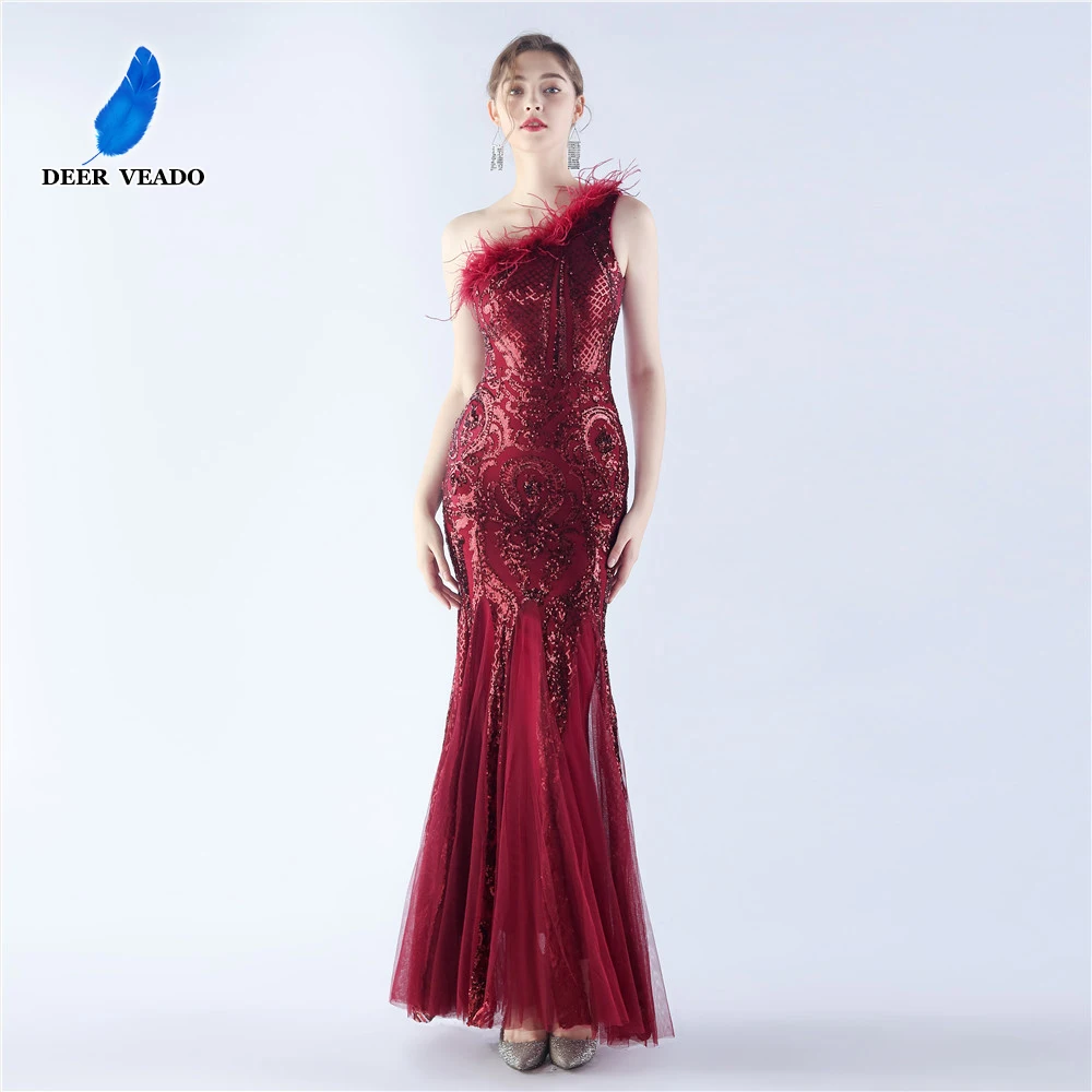 

DEERVEADO Women's One Shoulder Evening Dresses with Feathers Elegant Formal Occasion Dress Party Max Dress for Special Events