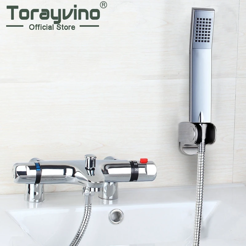 Torayvino Bathroom Shower Faucet Chrome Polished Deck Mounted Bathtub Two Handle Thermostatic Faucets Hot & Cold Mixer Water Tap