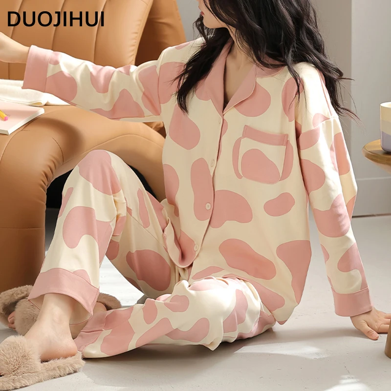 DUOJIHUI Contrast Color with Chest Pad Pajamas for Women Fashion Cardigan Basic Pant Loose Chic Pocket Simple Female Pajamas Set