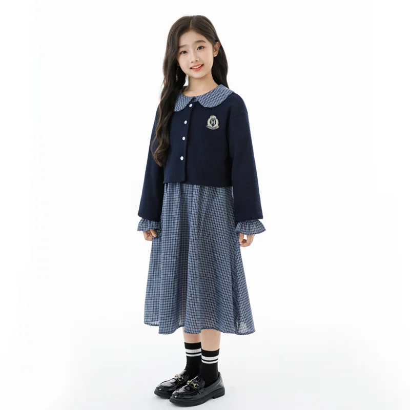 

School Girls 2pcs Dress Sets Autumn Korean Junior Girls Peter Pan Collar Plaid Dress Teenager Girls Single-breasted Knitted Coat
