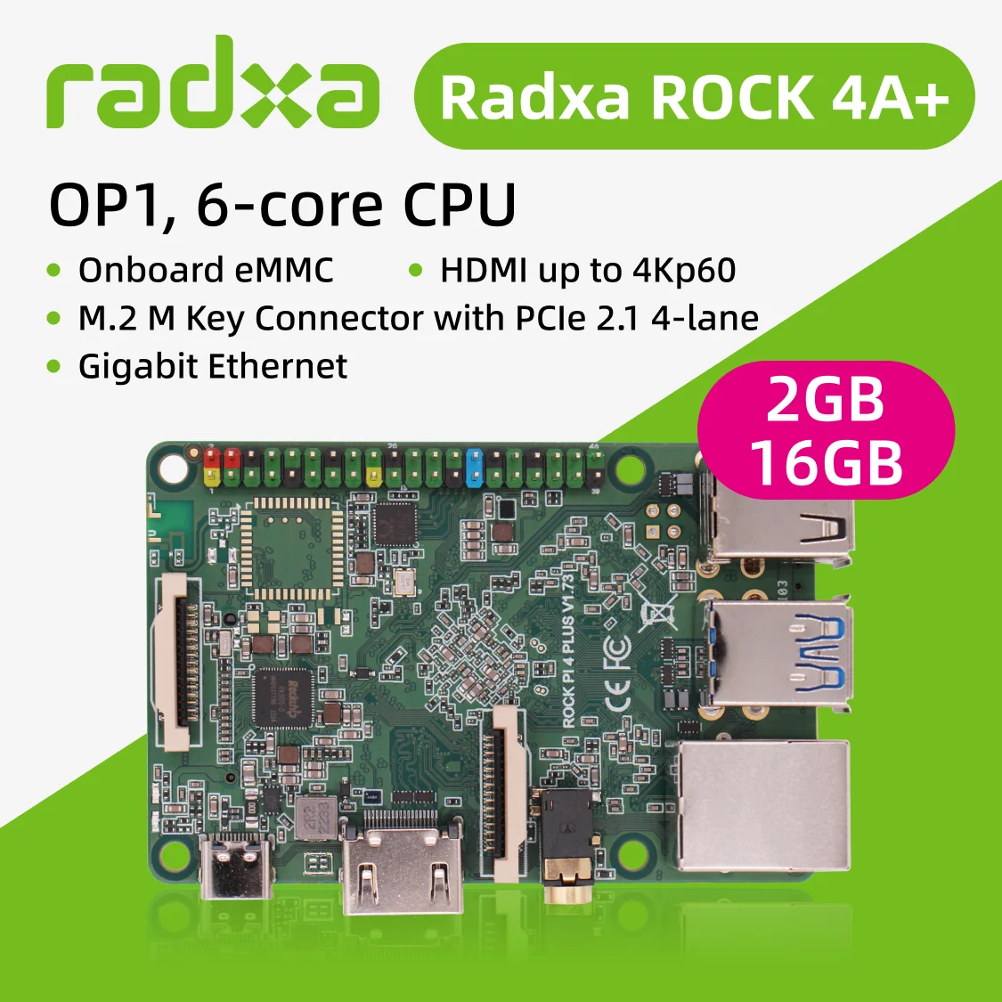 Radxa ROCK 4A+, Single Board Computer, 6-core CPU SBC, HDMI met 4K-uitvoer, Gigabit Ethernet en PCIe 2.1,