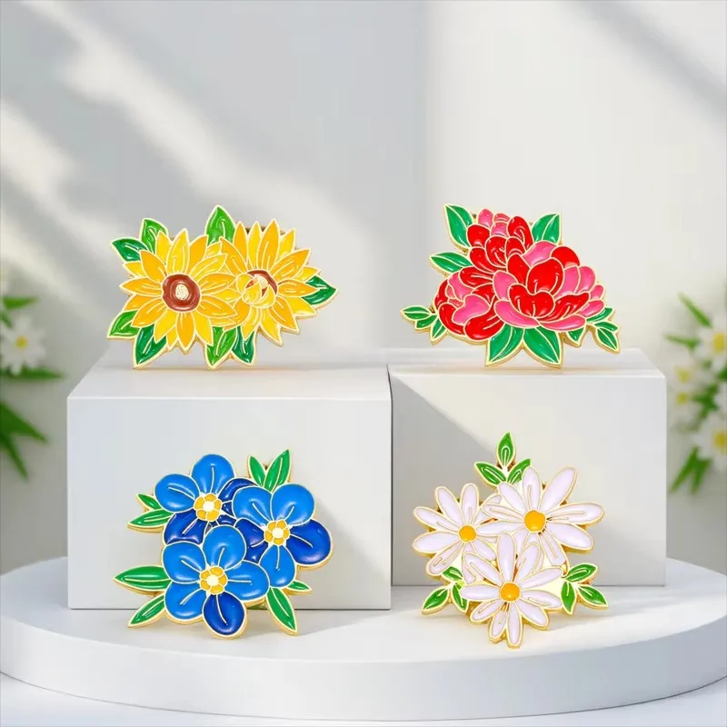 Flower Language Series Badge Peony Sunflower Daisy Forget-me-not Flower Brooch Personalized Creative Accessories Pin Buckle