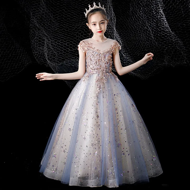

2026 New Creative Children's Birthday Princess Dress Girls' Lace Breathable Evening Dress Kids' Piano Performance Dress LJ669