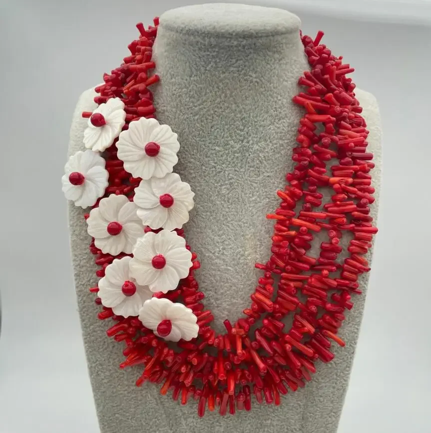 

Charming !!! natural red coral shell flower necklace