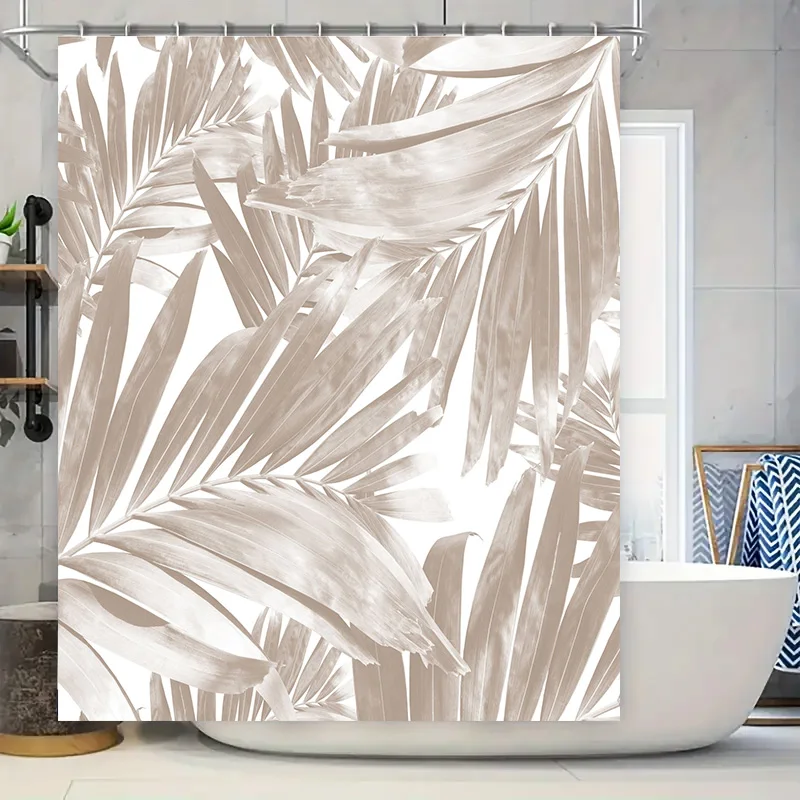 Vintage Palm Leaf Bath Curtain Shower Decoration Waterproof Fabric Decorative Window Panel Beige Tone