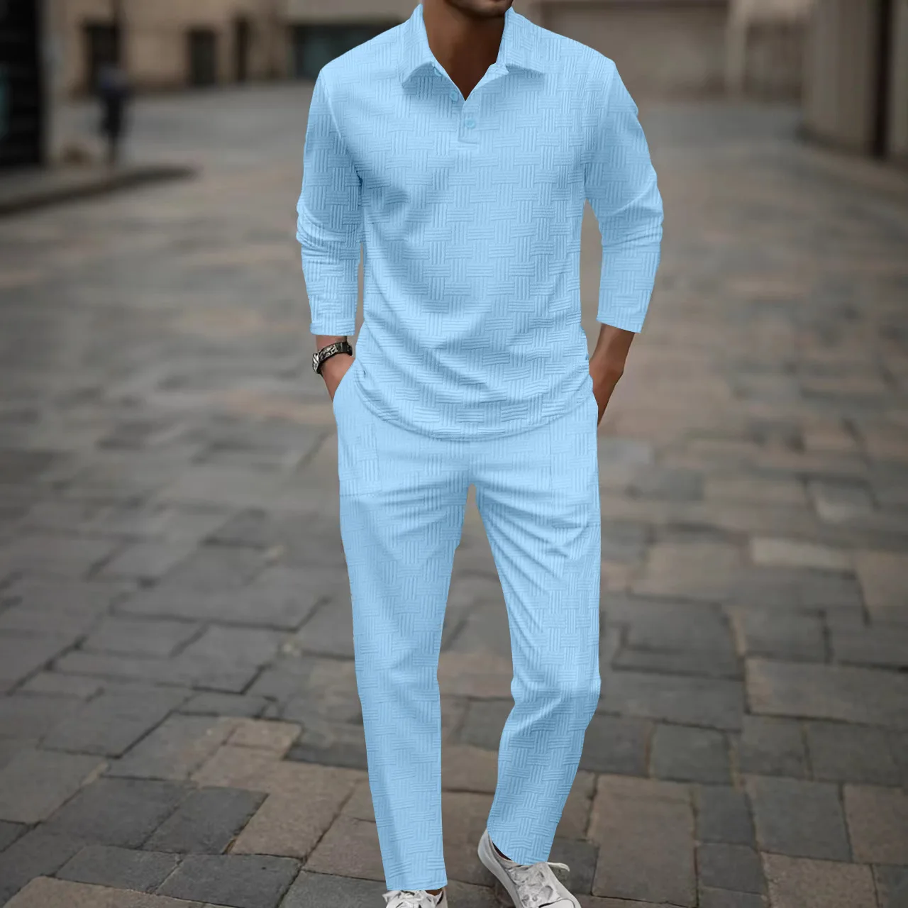 Lässiger Jacquard-Street-Sportanzug für Herren, modisches, einfarbiges POLO-Shirt mit Kragen + Slim-Fit-Hose mit Kordelzug
