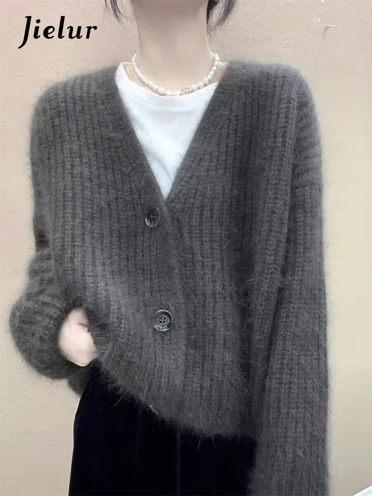 

Jielur Autumn New Solid Color Slim Cardigan Woman Casual Loose Knitted Women's Cardigan Grey Purple Street Chic Cardigan Female