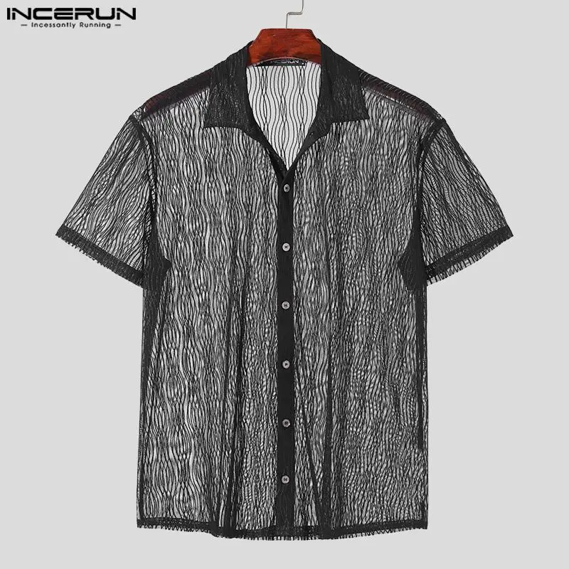 Men\'s Shirt Mesh Transparent Lapel Short Sleeve Sexy Button Fashion Men Clothing Streetwear Casual Party Camisas S-5XL INCERUN