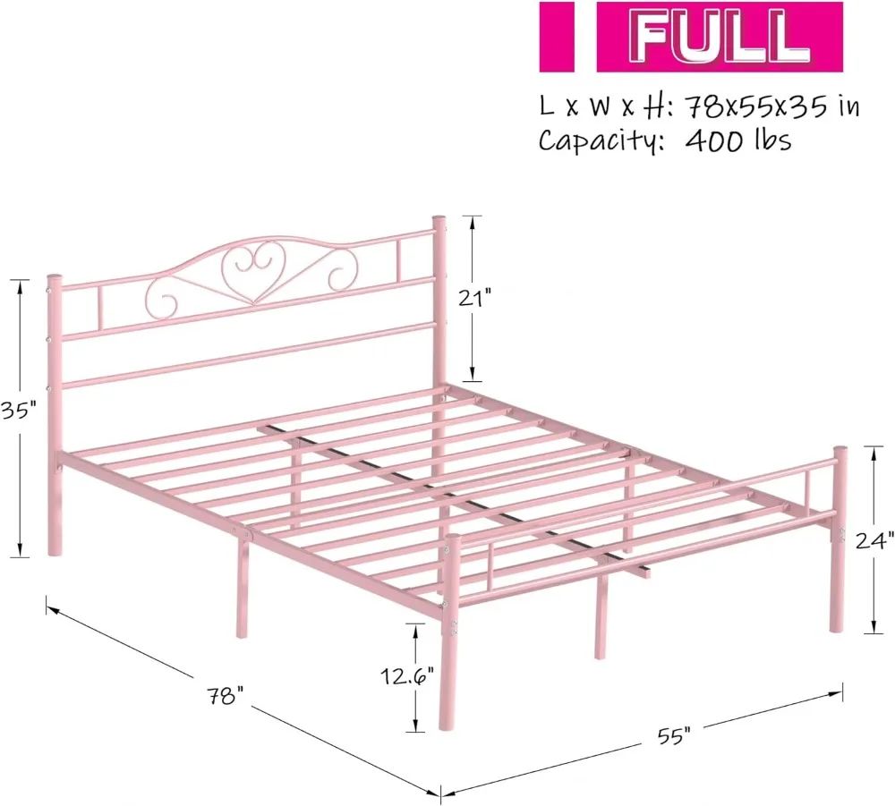 Cadre de lit plateforme en métal pleine grandeur de 14 pouces avec tête de lit et pied de lit, base de matelas robuste, rose