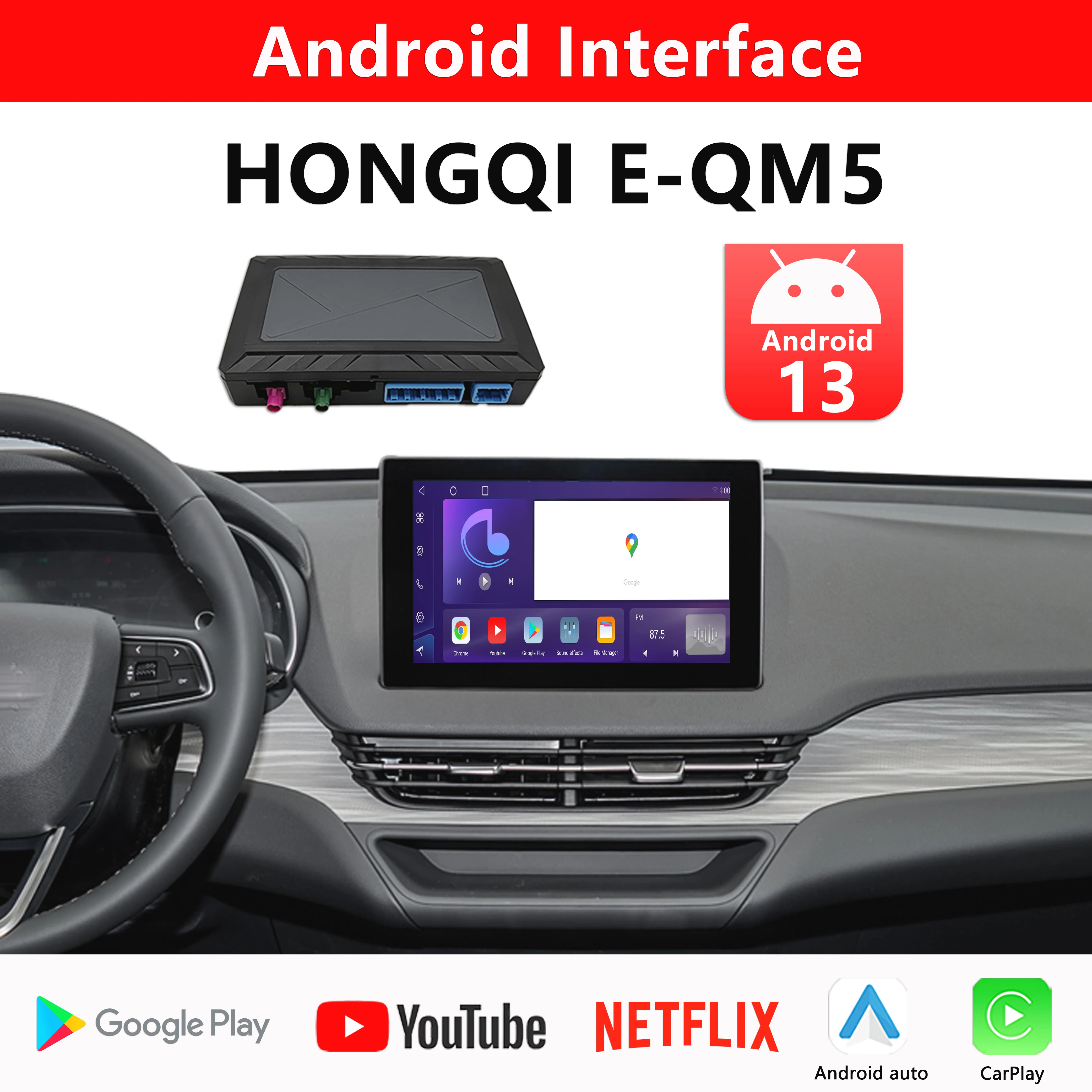 Android Interface for HONGQI E-QM5 Upgrade Original Screen Watch Youtube Netflix Support Google Play CarPlay Android Auto