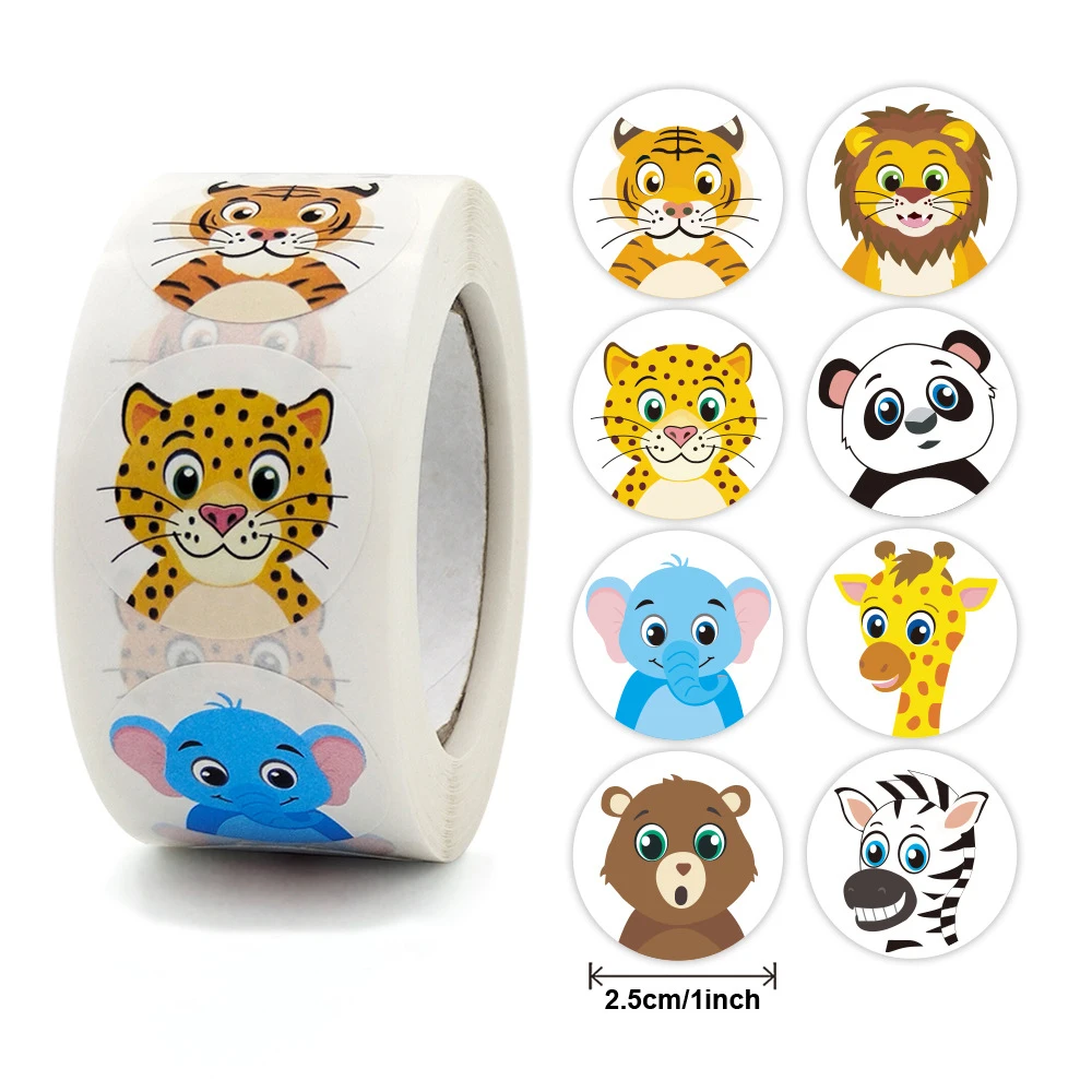 100-500pcs Round Cartoon Animal stickers for Teacher Reward Encourage Sticker Office Stationery 1inch