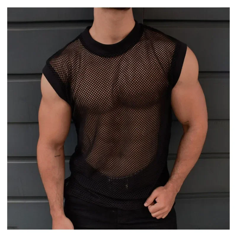 Hot Men\'s Sexy Mesh Sleeveless Vest Stylish See-through Men\'s Vest Sleeveless T-shirt Men\'s Tank Top Summer Basketball Tops Gym