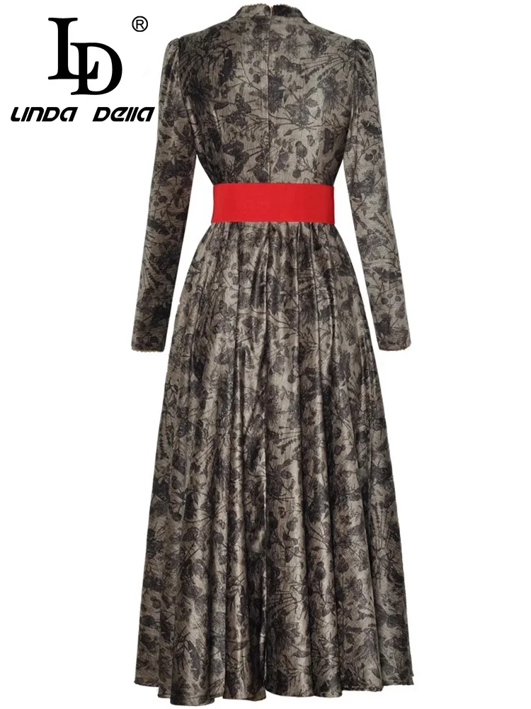 فستان نسائي صيفي أنيق من LD LINDA DELLA بياقة واقفة وأكمام طويلة ورباط علوي وجيب نحيف ومطبوع بفيونكة فساتين متأرجحة كبيرة