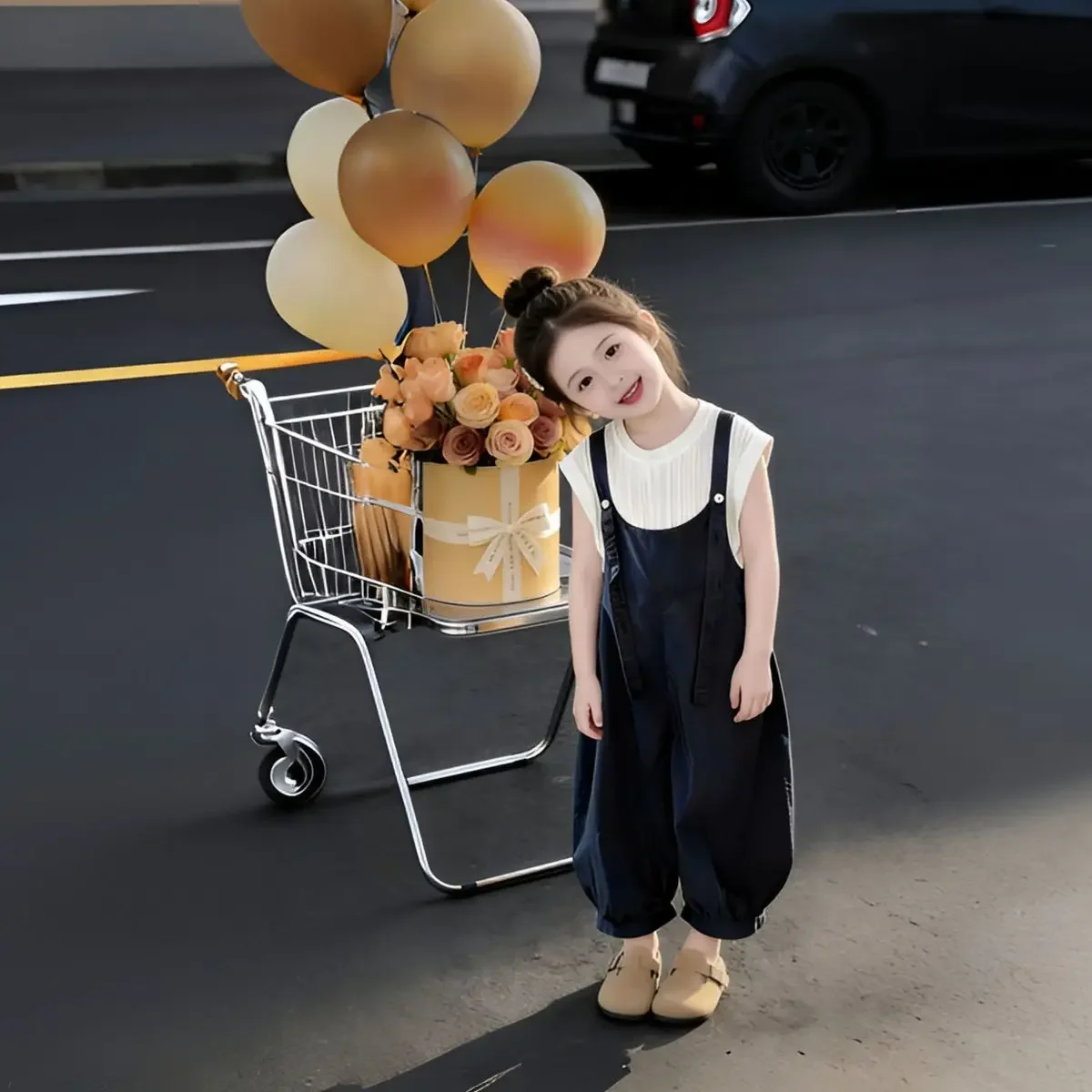 

Girls' Korean Style Loose Western-Style Summer Overalls Set T-Shirt Two-Piece Jumpsuit for Little Girls