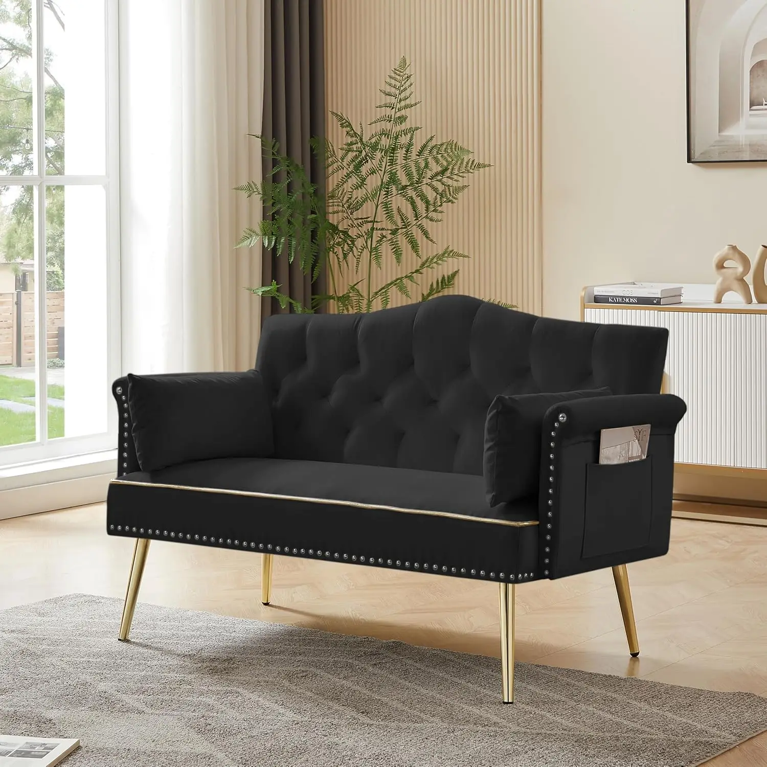 Sofá Loveseat de veludo com pernas e bolsos laterais de metal dourado, encosto capitoné, perfeito para sala de estar, quarto ou escritório (preto)