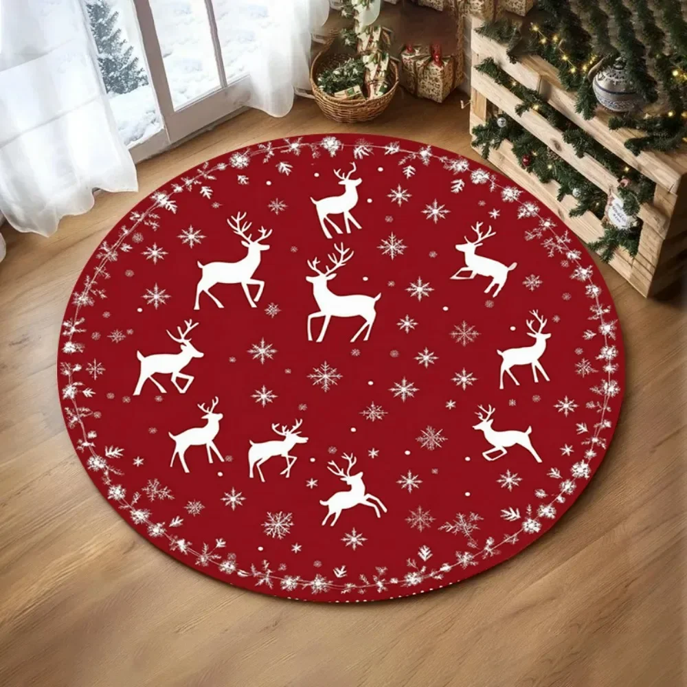 Christmas Holiday Round Carpet with Santa Snowman Gifts Print Cozy Living Room Bedroom Sofa Decor Non Slip Floor Mat Area Rug