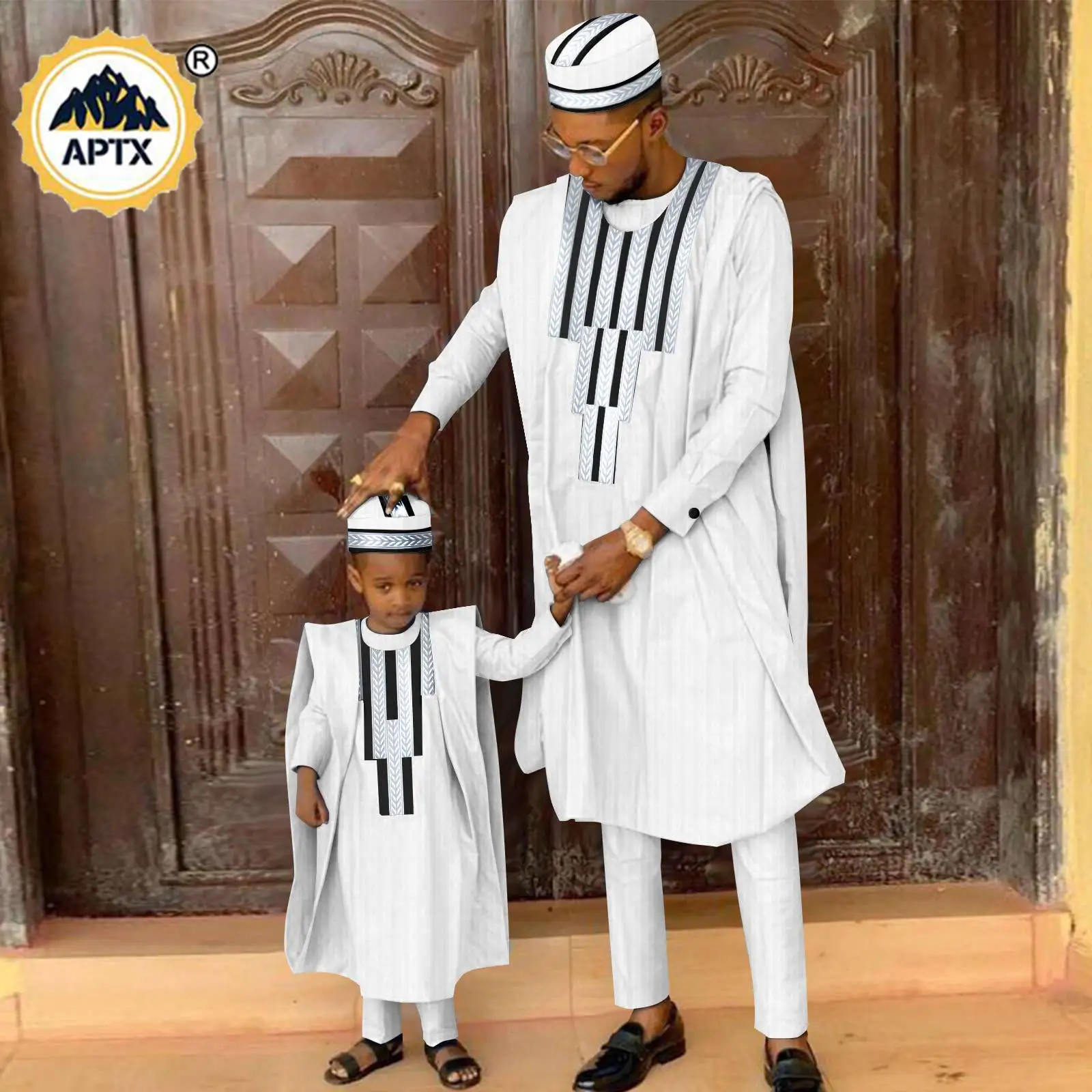 African Matching Outfit for Family Bazin Riche Muslim Sets Dashiki Father and Son Attire Agbada Robe Shirt and Pants Hat Y23F001