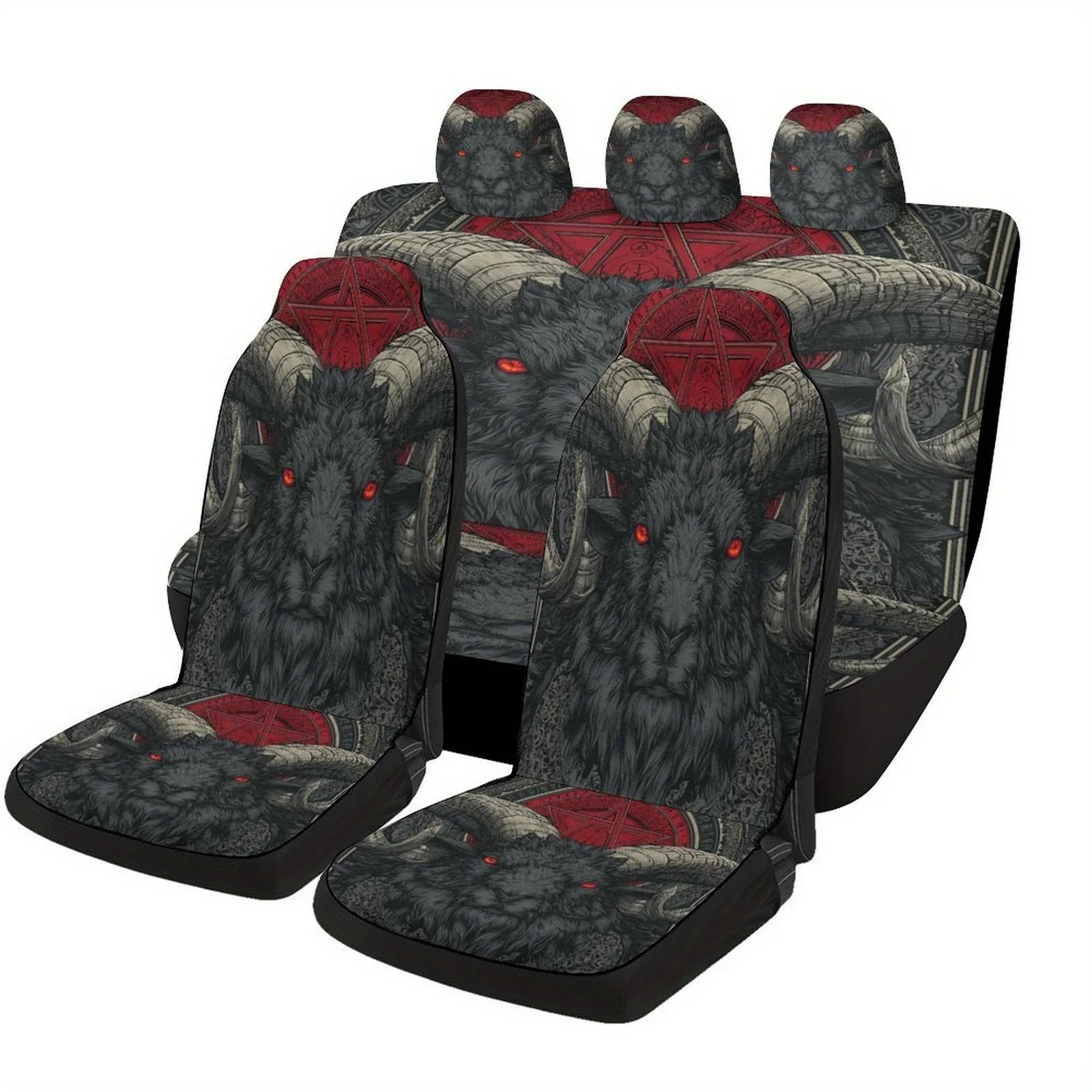 Set Of Car Seat Covers Featuring A Baphomet Emblem, Suitable For Various Vehicles. These Stylish And High-Quality Protectors Com