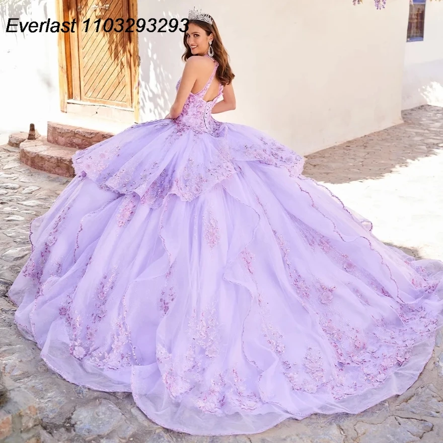 EVLAST Lavender Quinceanera Dress Ball Gown Lace Applique Beading Crystal Tiered Ruffles Sweet 16 Vestido 15 De Años TQD219