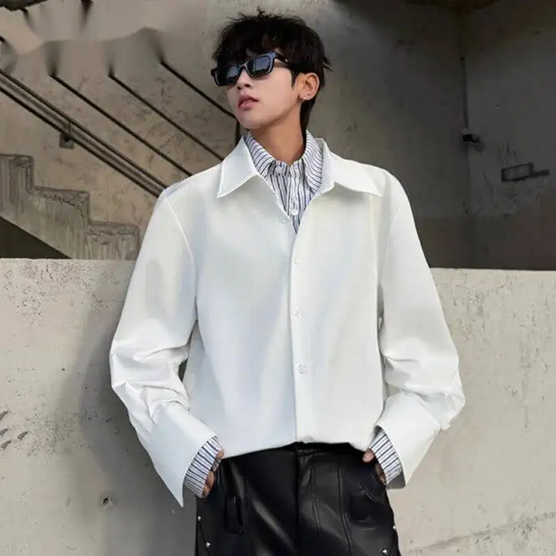 Striped Design Men's Shirts Lapel Fake Two-piece Casual Long Sleeved Shoulder Padded Loose Male Zipper Tops Niche 9W3F51