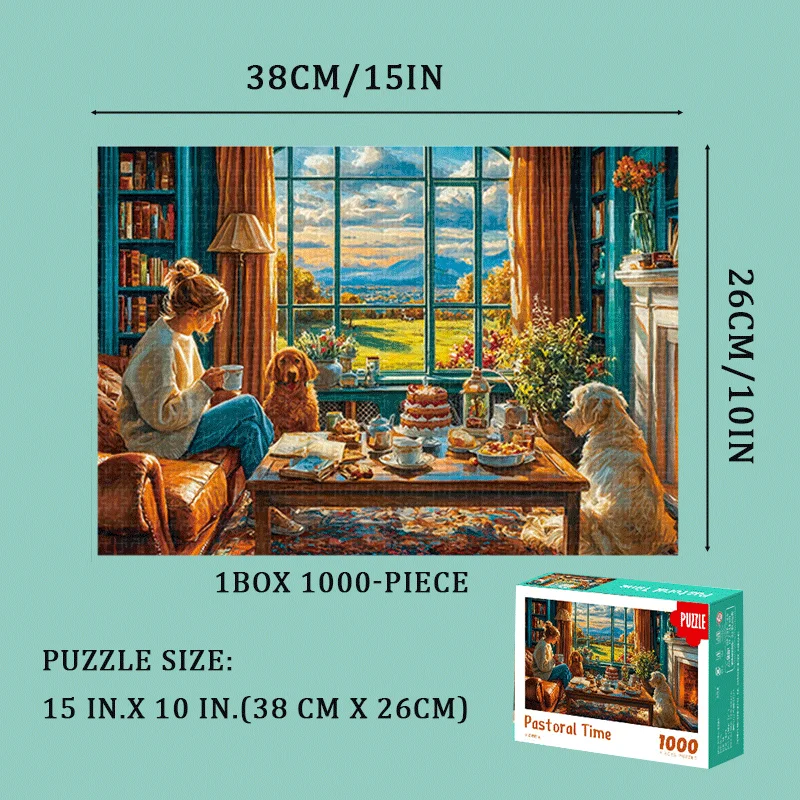 لغز صغير مكون من 1000 قطعة - لحظة مريحة للفتيات والكلاب (15 بوصة × 10 بوصة) - مقاس عالي الدقة، أقسام الحروف الخلفية، هدية مثالية لعيد الميلاد