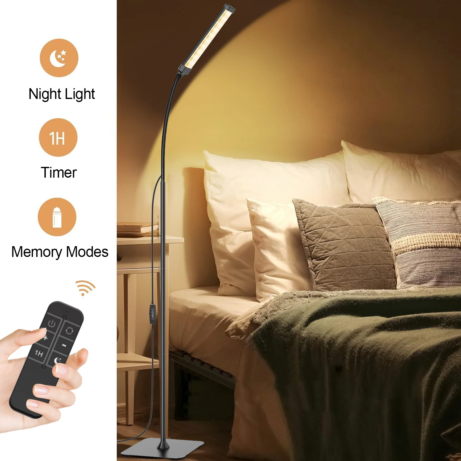 LED Floor Lamp Dimmable 3 Color 5 Levels with Remote Control Timer Adjustable Standing Gooseneck Light for Living Room Reading