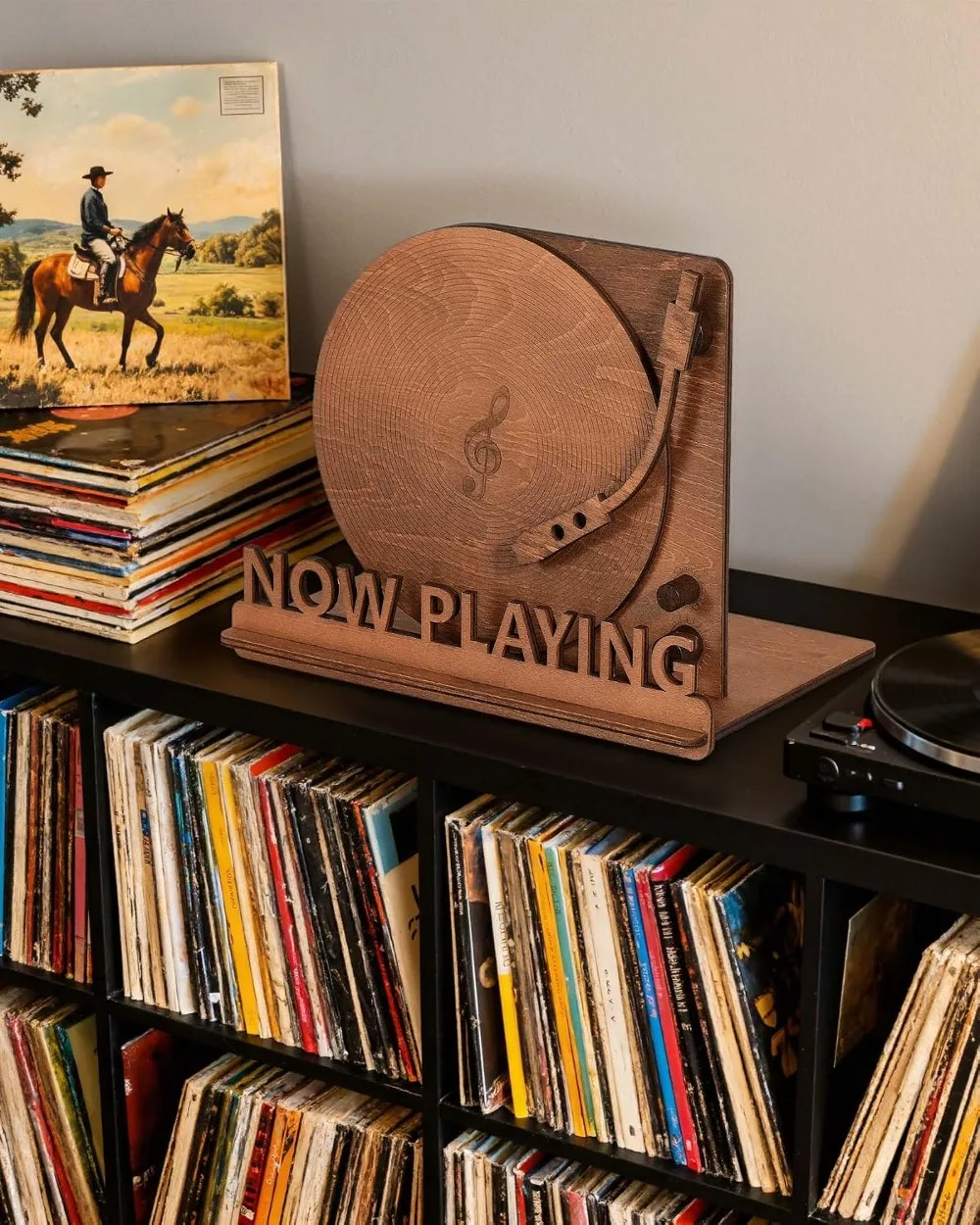 Now Playing Vinyl Record Stand, Tabletop Wooden Holder for Albums, Vintage Display Organizer Rack for LP Enthusiast view 4