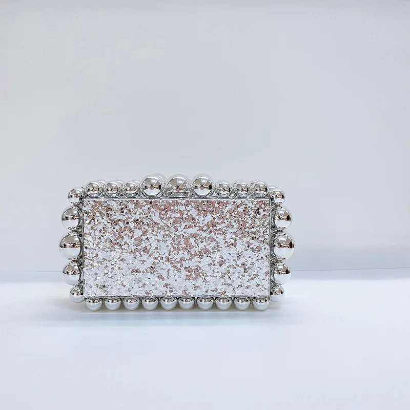 Women Clear Acrylic Box Evening Clutch Bags For Wedding Party Luxury Gold Foil Beads Purses And Handbags Designer High Quality