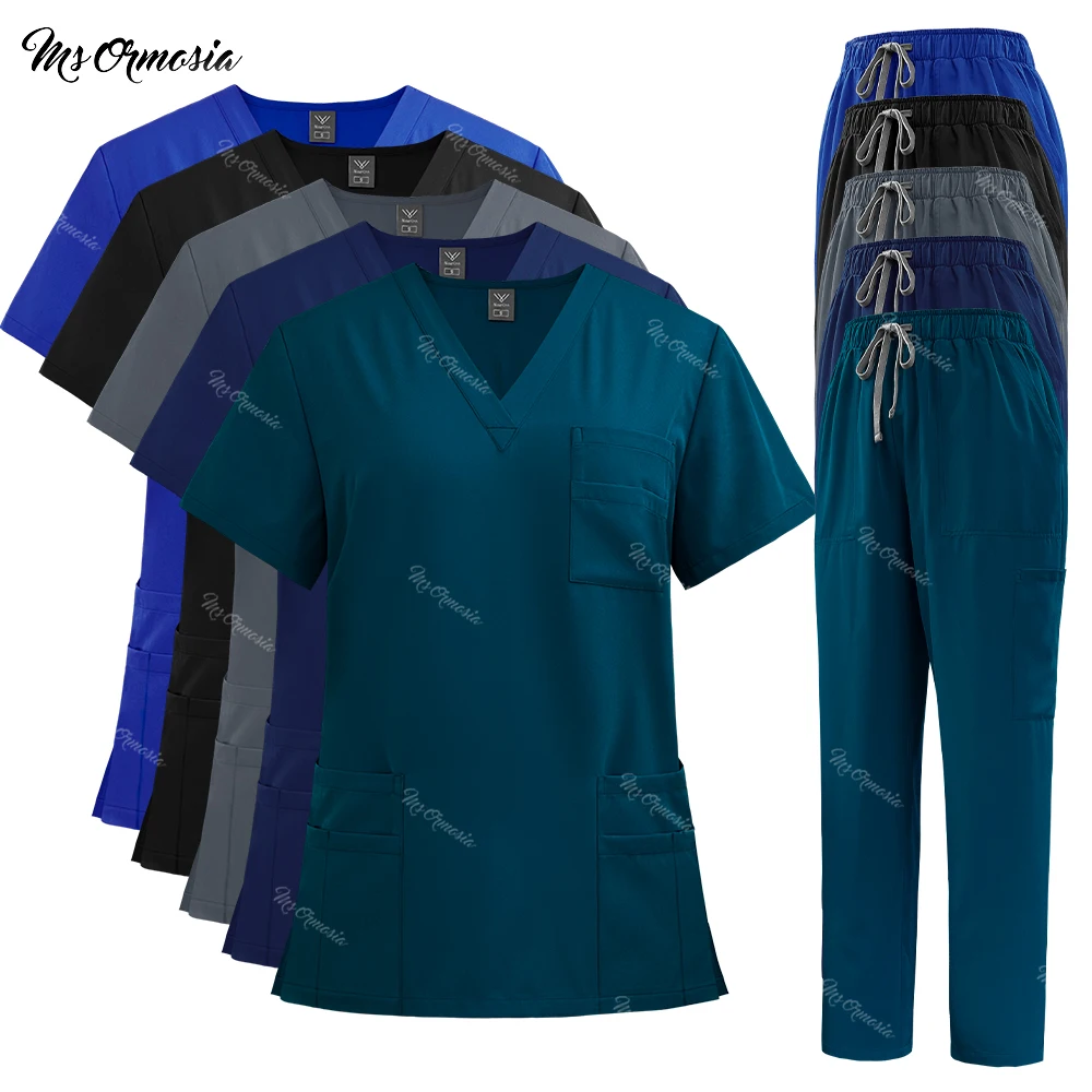 

Unisex Medical Uniforms Quick Dry Clinical Scrub Suit Hospital Surgery Work Clothes Doctor Nurse V-neck Shirt Pants Vet Workwear