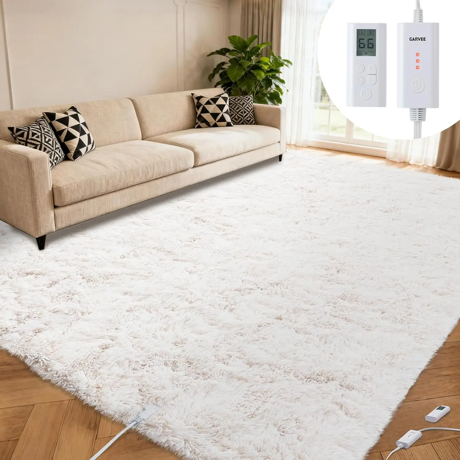 8x10ft Wireless Heated Floor Mat Heated Rug 5x7ft Beige Gaming Rug with 6 Heat Levels Soft Plush Heating Carpet Foot Warmer for Living Room Bedroom Office Playroom White