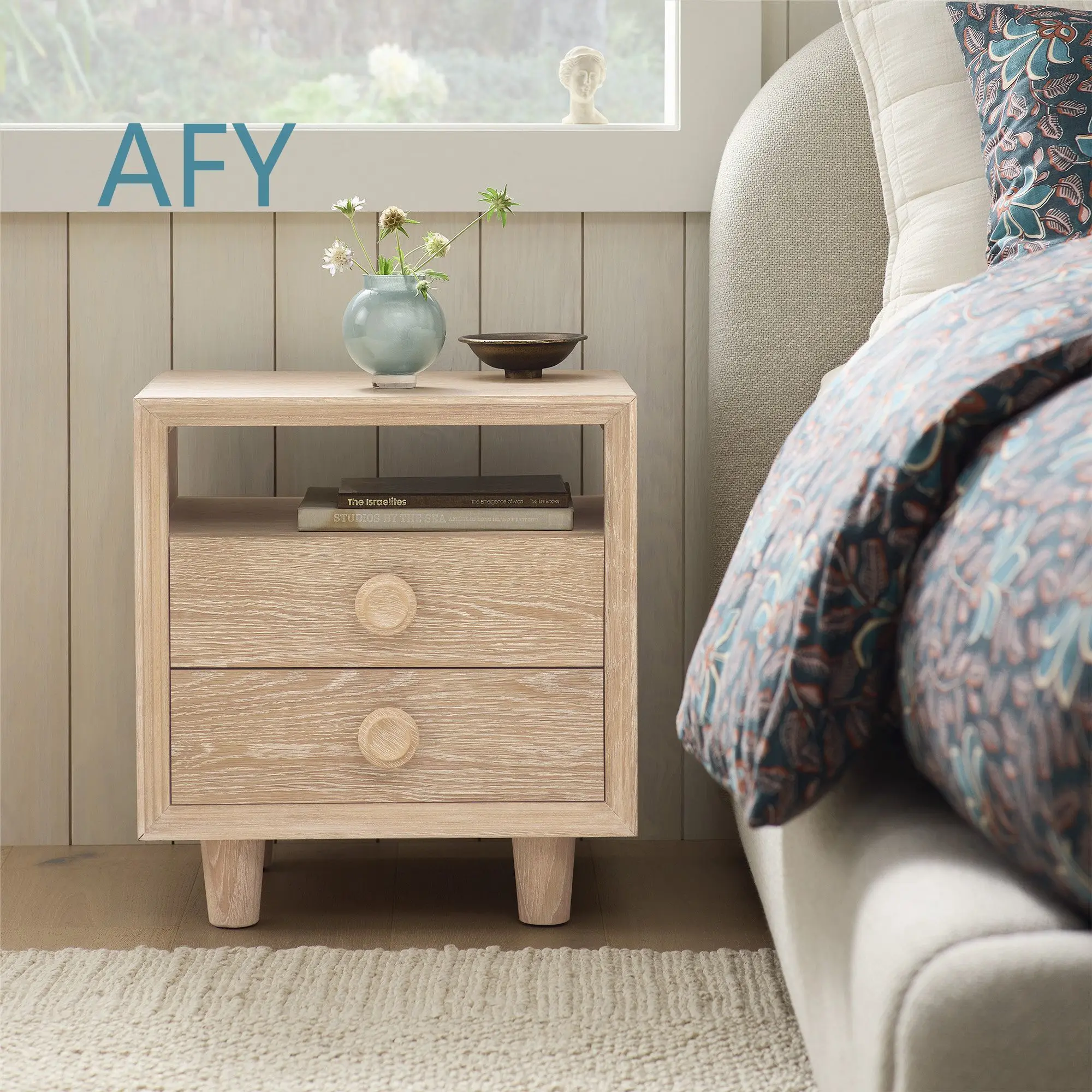 Modern Nordic Nightstand for Bedroom Furniture Round Drawer Pulls Bedside Wooden Storage Table Minimalist Home Decor
