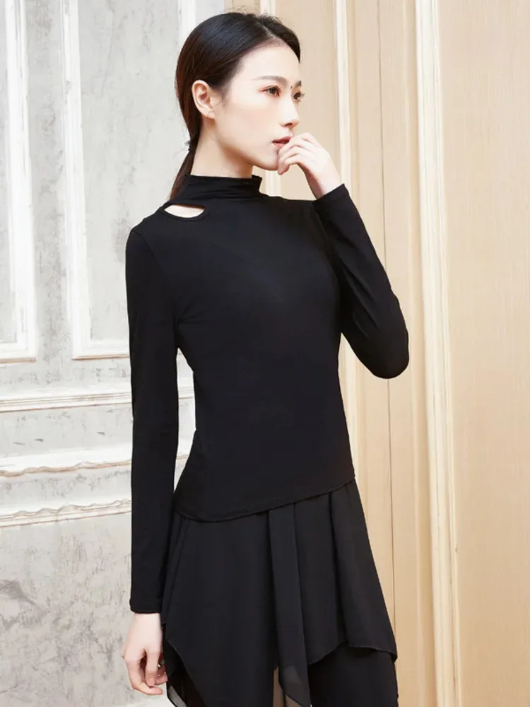 Solid Color High Neck Hollow Out Long Sleeve Dance Top, Slim Fit Ballet Practice Shirt for Women Stage Performance Adults