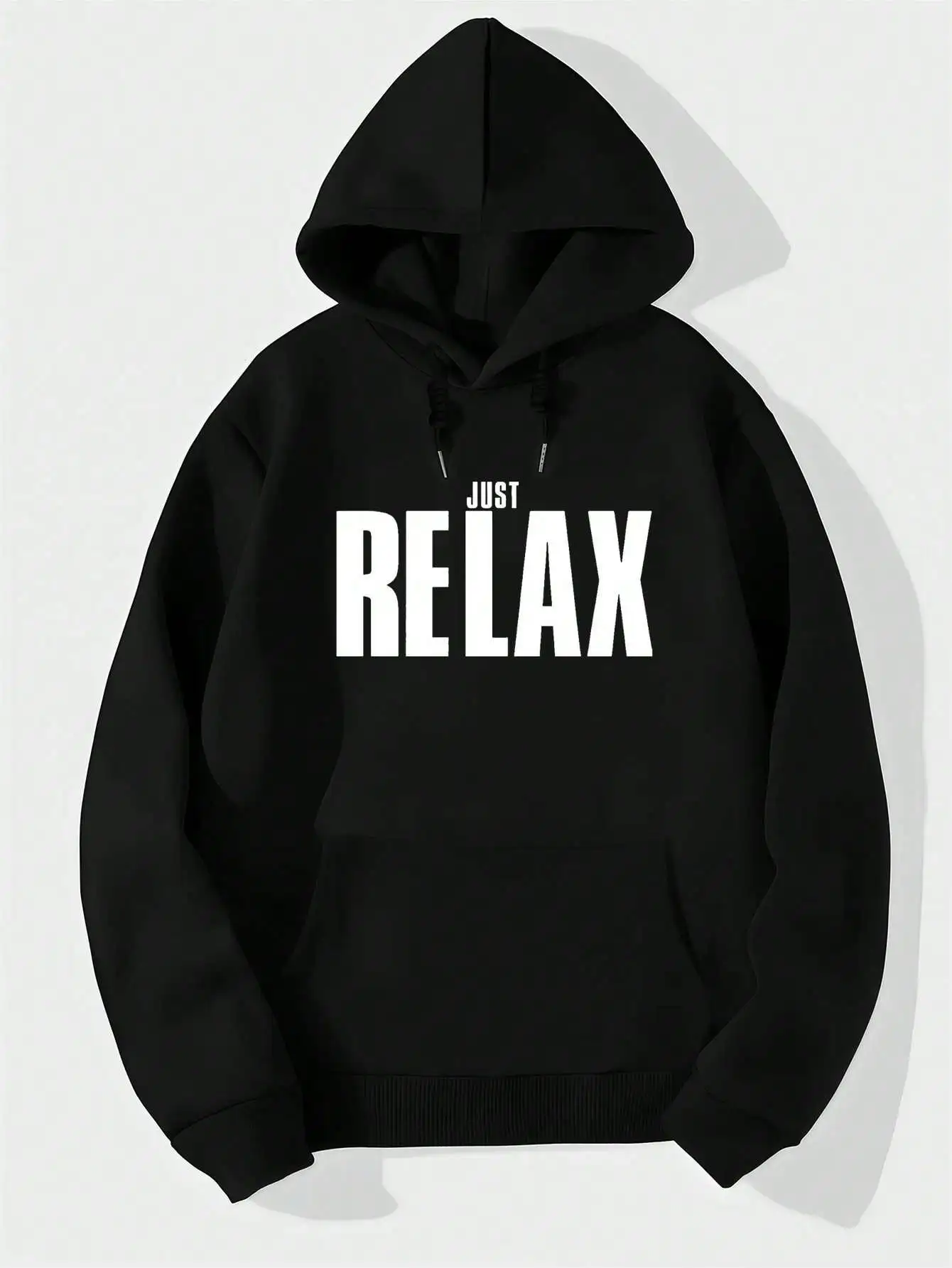 Mens Casual Pullover Hoodie, Just Relax Minimalist Bold Letter Graphic Print Hooded Sweatshirt, Loose Fit Long Sleeve Hoody With Pocket For Street Daily Wear