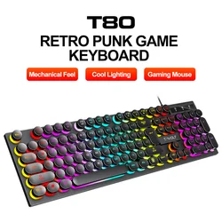 T-WOLF T80 oyun klavyesi kablolu aydınlık dizüstü ofis pembe Punk Retro klavye karakter şeffaf Punk yuvarlak Keycaps