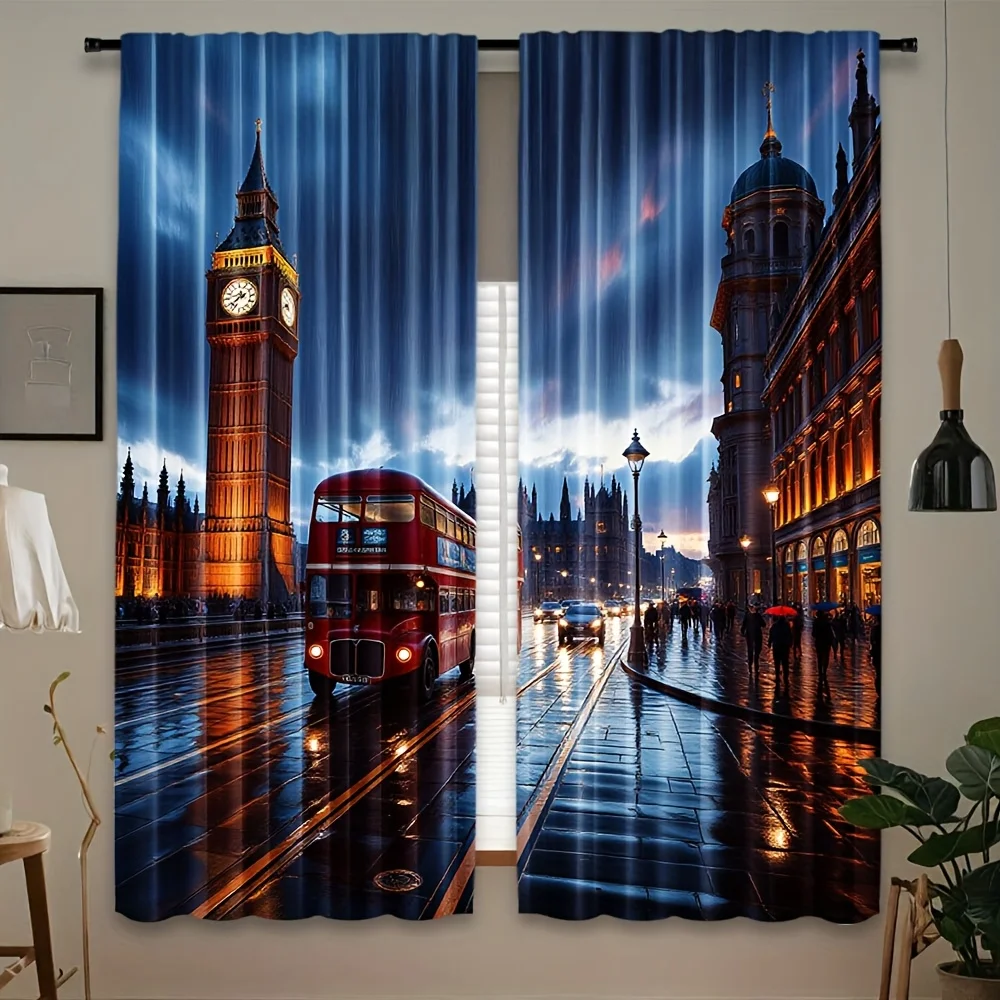 London Cityscape Curtain, Big Ben Red Bus Print Drape, UK Landmark Scenery Window Treatment for Living Room Bedroom Home Decor