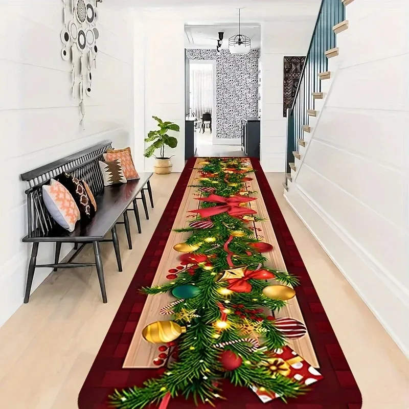 Christmas Garland Long Runner Rug Soft Floor Carpet Xmas Bow Bauble Gift Print Mat for Hallway Corridor Holiday Home Decor