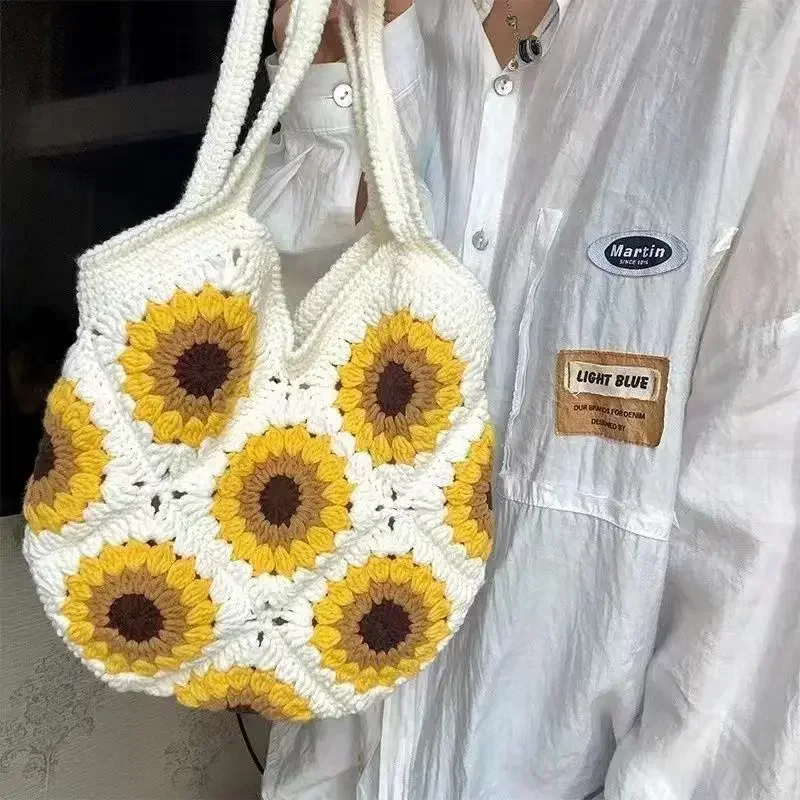 1pc fatto a mano girasole singola spalla zaino borsa da donna senza fodera signora Versatile chiave del telefono borsa all\'uncinetto fai da te borsa