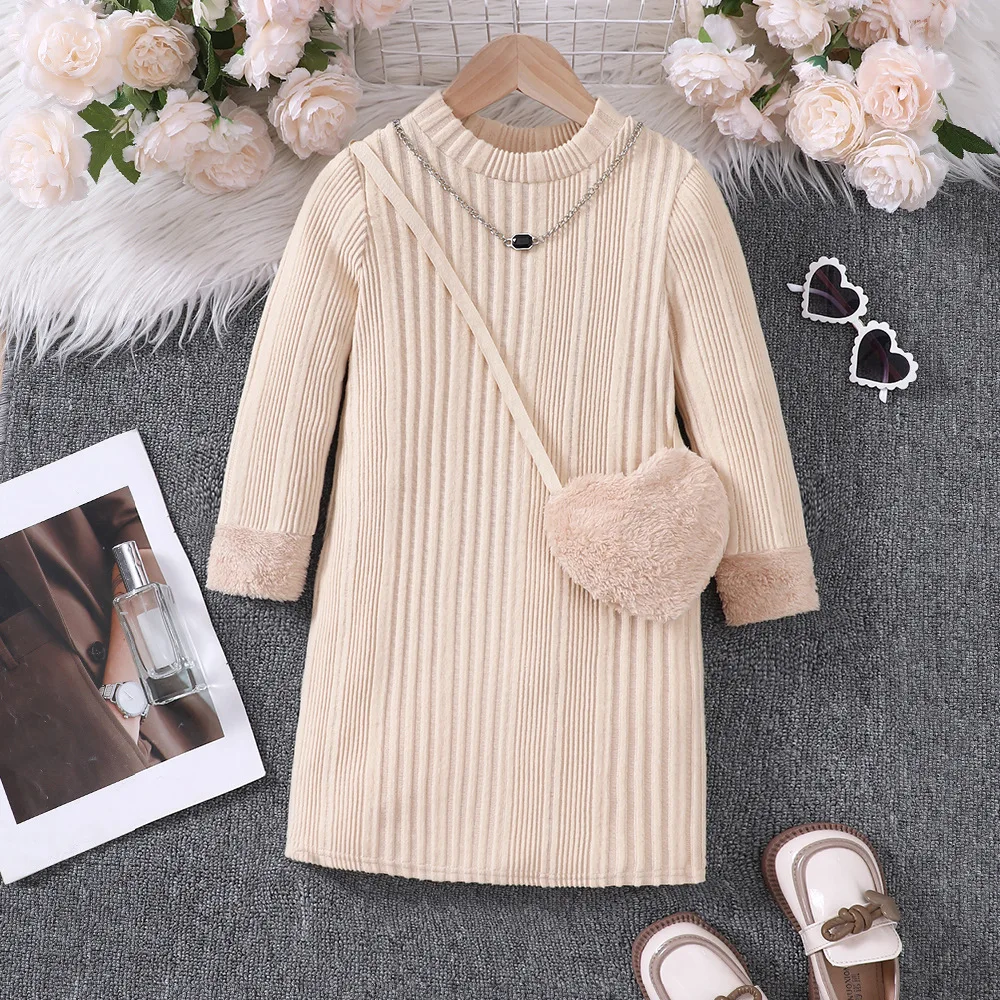 

2024 Winter New Girls Long Sleeve O Neck Feather Apricot Dress Cute Designer Girls Princess Dress Vestido 2-7T