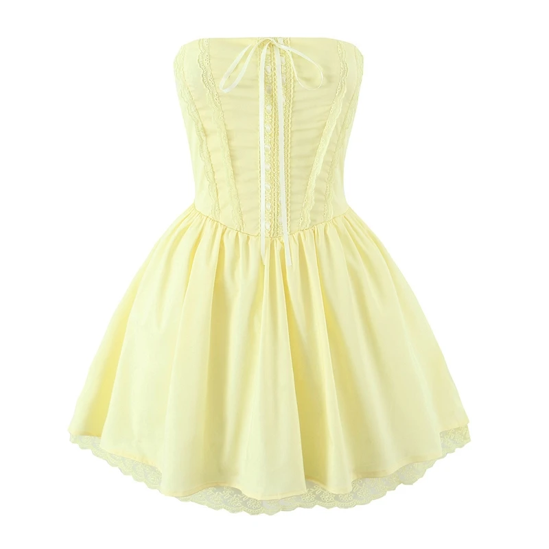 レースアップセクシーなストラップレスドレス女性のためのレーストリムローウエスト夜会服ミニドレスイブニングパーティーローブイエローホワイトブラック