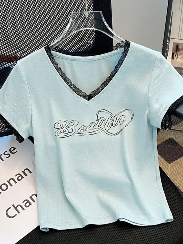 

Новая летняя женская кружевная футболка V-Ne ort Sve, облегающий топ с принтом, корейский Sle Commute Faion