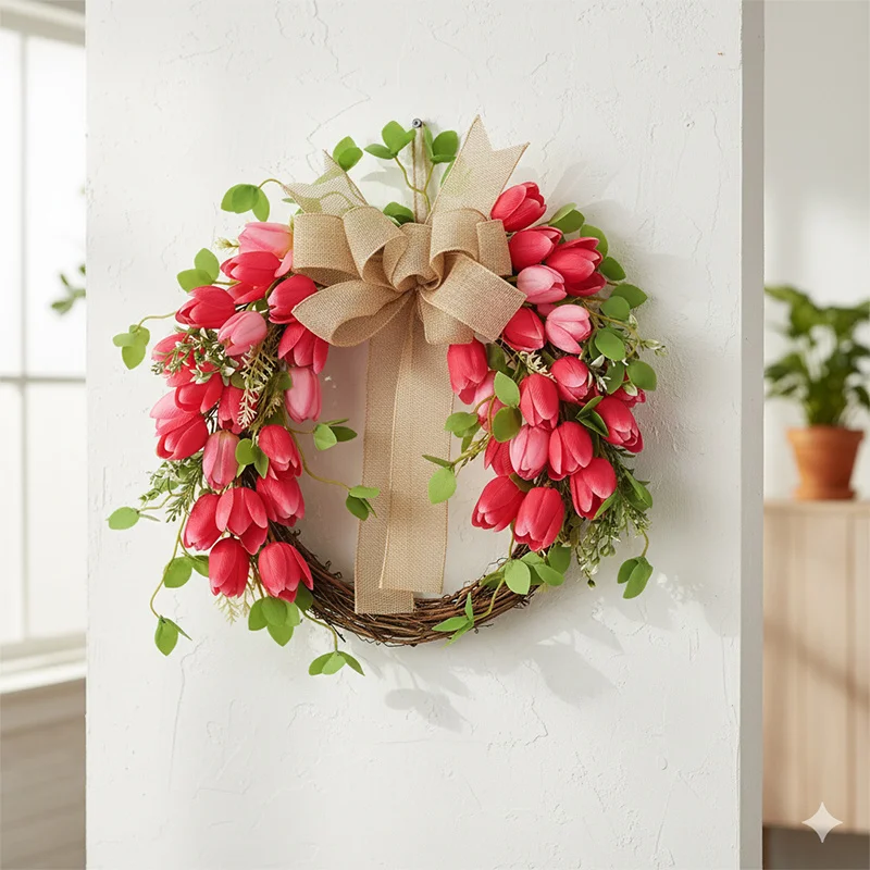 

Искусственный венок из тюльпанов для двери, реалистичная весенняя гирлянда из шелковых цветов - декор для дома, стен, свадеб, окон, для использования в помещении или на улице