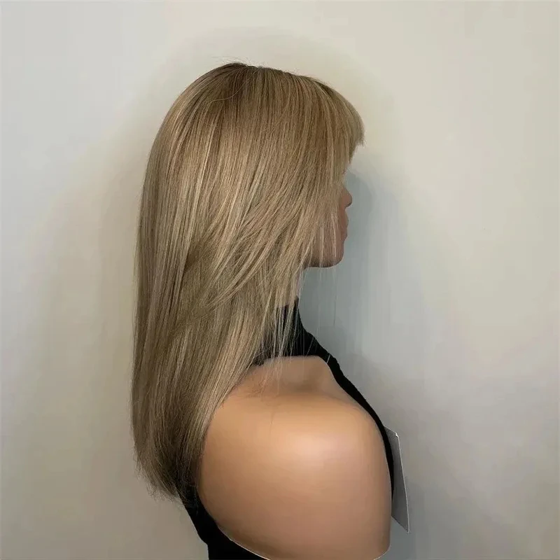 Human Hair Wigs Without Glue 200% Density Ombre Brown Blonde Short Straight Bob With Bnags Transparent Lace Front Human Hair Wig