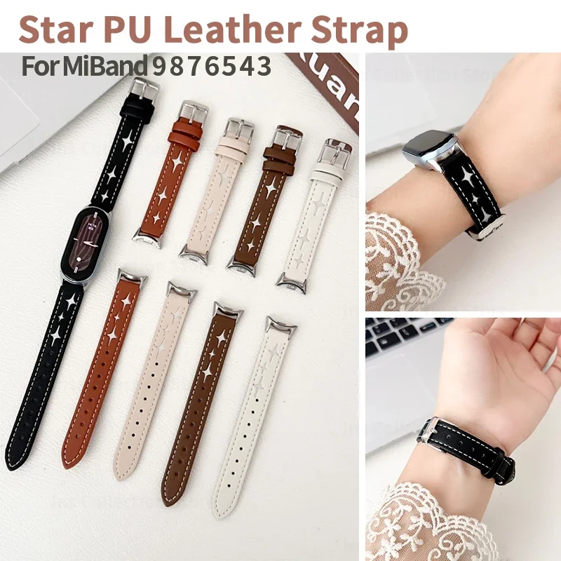 

Star Print Pattern PU Leather Strap for Xiaomi Mi Band 9 8 Women Wristband Bracelet for MiBand 7 6 5 4 3 Replacement Accessories