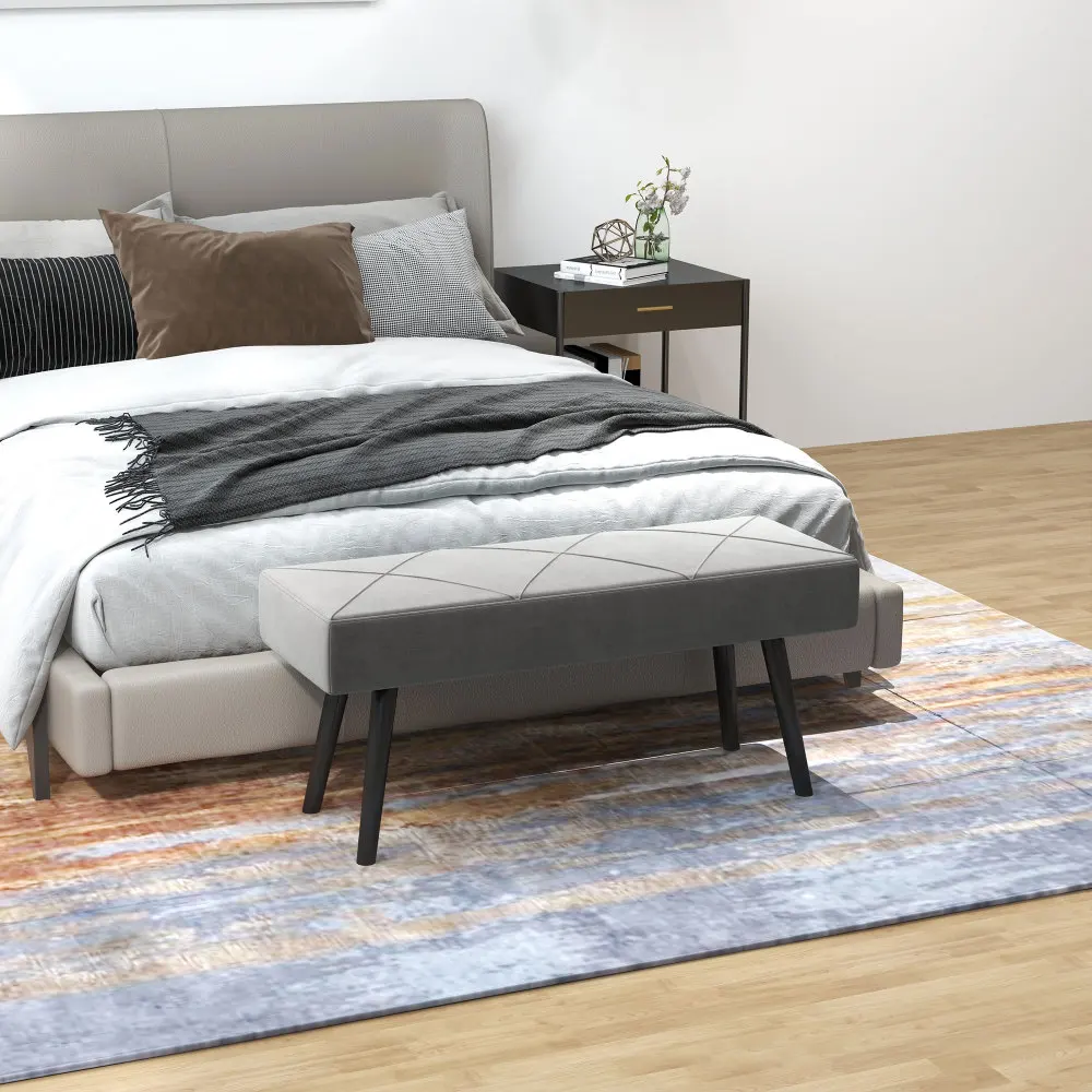 Banc rembourré en velours gris tufté X Stitch, tabouret ottoman pour le bout du lit ou pour changer les chaussures, 100 x 36 x 45 cm, charge maximale 120 kg, pieds en acier thermolaqué, banc d'appoint rembourré pour entrée, chambre, salon, fenêtre, décoration intérieure, meuble.